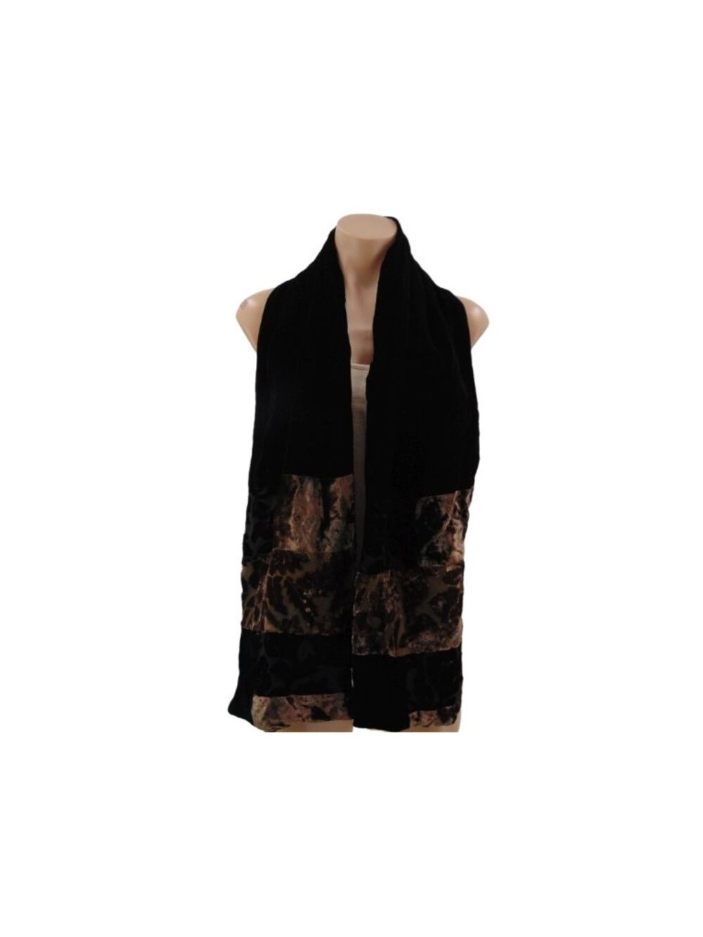 Mina Mann Black Gold Silk Velour Velvet Brown Burnout Scarf Wrap 62x9" - Picture 9 of 15